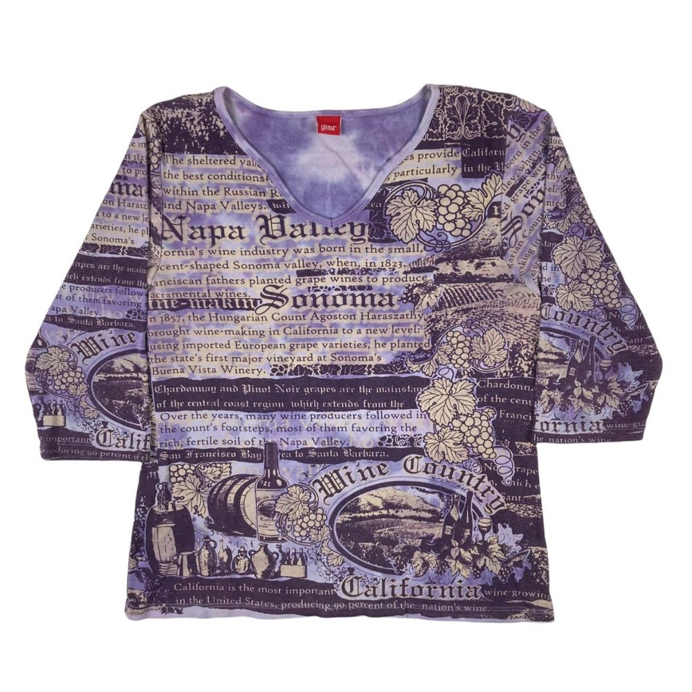 Glima Women's 3/4 Sleeve Purple Napa Valley Wine Country Print Shirt XL